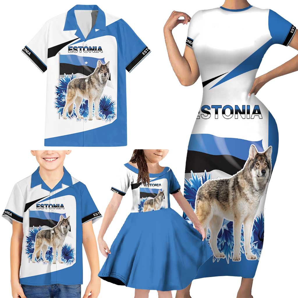 Estonia Grey Wolf and Cornflower Family Matching Short Sleeve Bodycon Dress and Hawaiian Shirt Estonia Flag