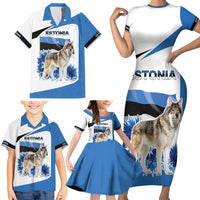 Estonia Grey Wolf and Cornflower Family Matching Short Sleeve Bodycon Dress and Hawaiian Shirt Estonia Flag