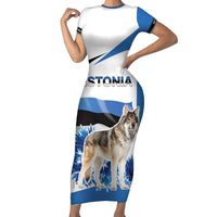 Estonia Grey Wolf and Cornflower Family Matching Short Sleeve Bodycon Dress and Hawaiian Shirt Estonia Flag