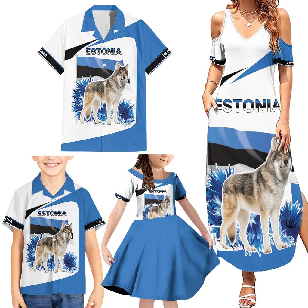 Estonia Grey Wolf and Cornflower Family Matching Summer Maxi Dress and Hawaiian Shirt Estonia Flag