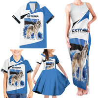 Estonia Grey Wolf and Cornflower Family Matching Tank Maxi Dress and Hawaiian Shirt Estonia Flag