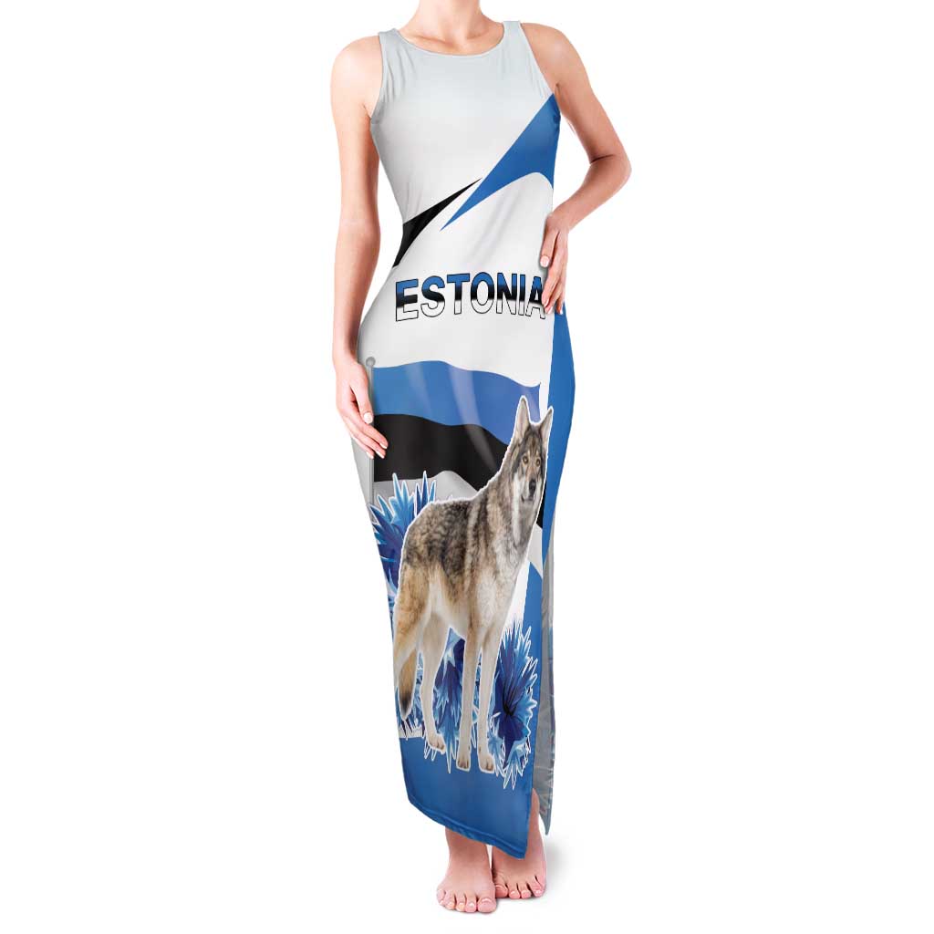 Estonia Grey Wolf and Cornflower Family Matching Tank Maxi Dress and Hawaiian Shirt Estonia Flag