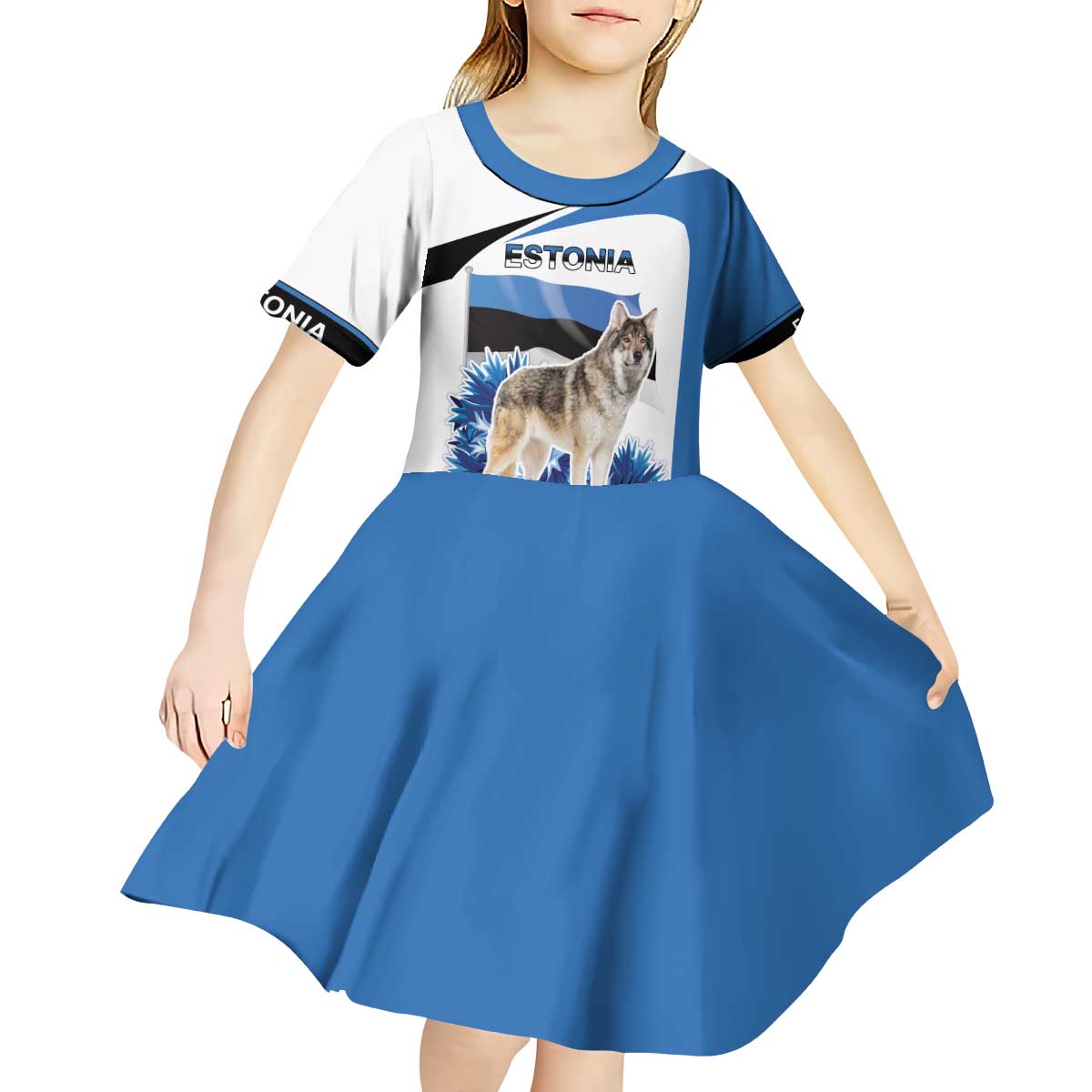 Estonia Grey Wolf and Cornflower Kid Short Sleeve Dress Estonia Flag