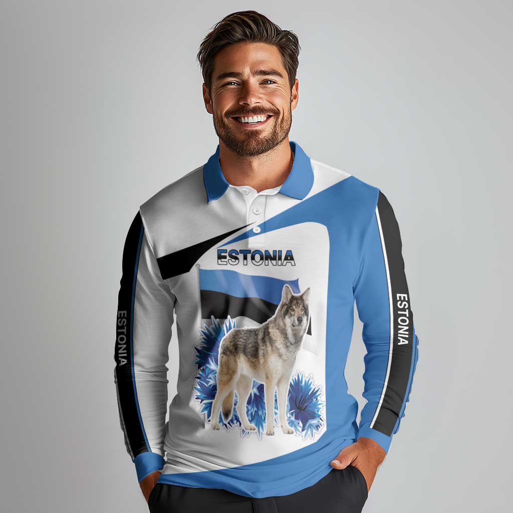 Estonia Grey Wolf and Cornflower Long Sleeve Polo Shirt Estonia Flag