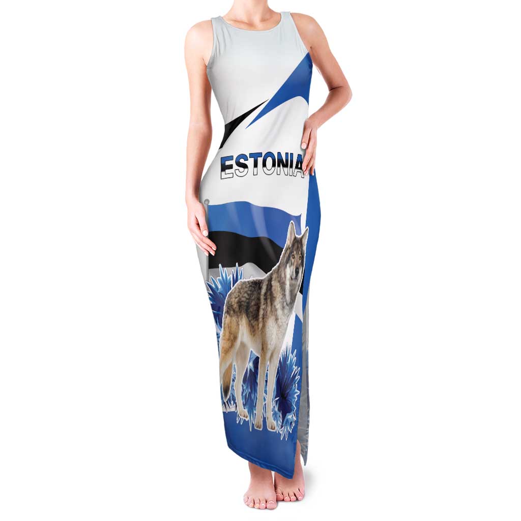 Estonia Grey Wolf and Cornflower Tank Maxi Dress Estonia Flag