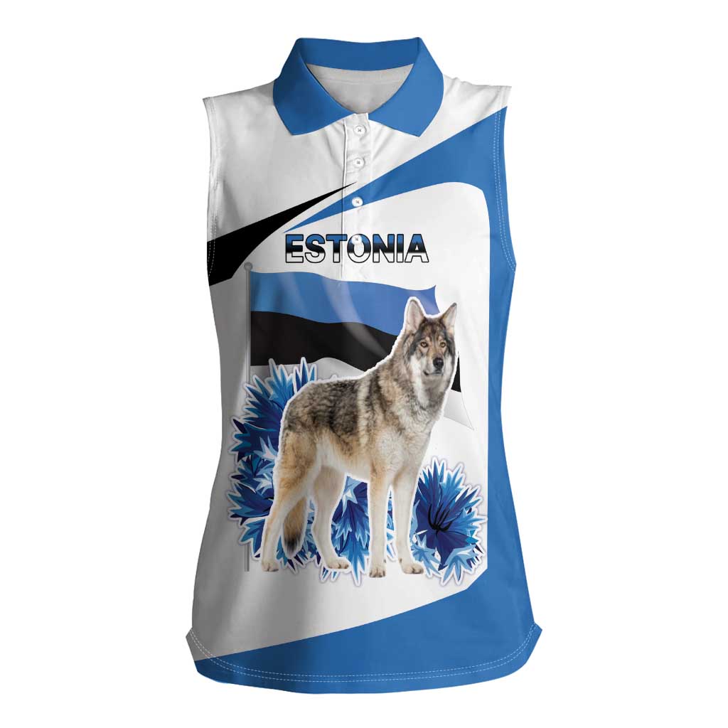 Estonia Grey Wolf and Cornflower Women Sleeveless Polo Shirt Estonia Flag