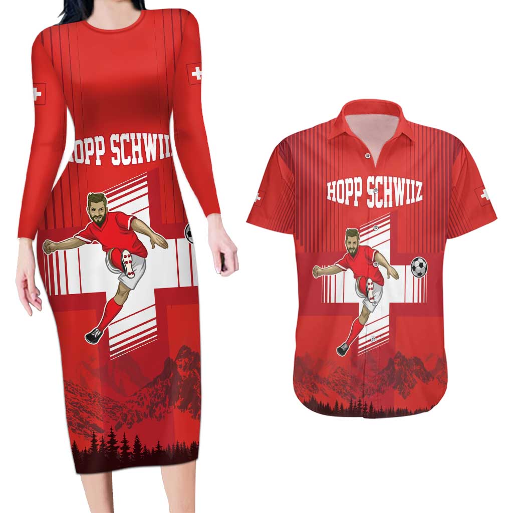 Custom Switzerland Football Couples Matching Long Sleeve Bodycon Dress and Hawaiian Shirt Hopp Schwiiz!
