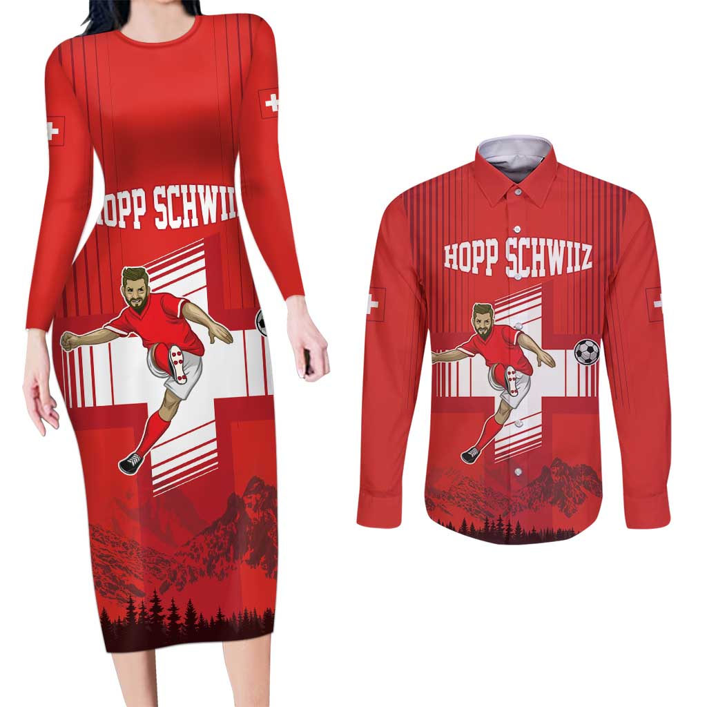 Custom Switzerland Football Couples Matching Long Sleeve Bodycon Dress and Long Sleeve Button Shirt Hopp Schwiiz!
