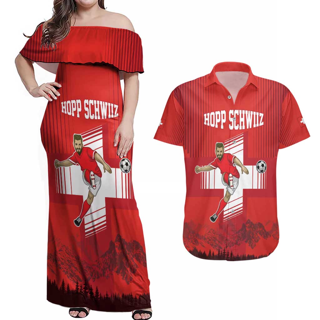 Custom Switzerland Football Couples Matching Off Shoulder Maxi Dress and Hawaiian Shirt Hopp Schwiiz!