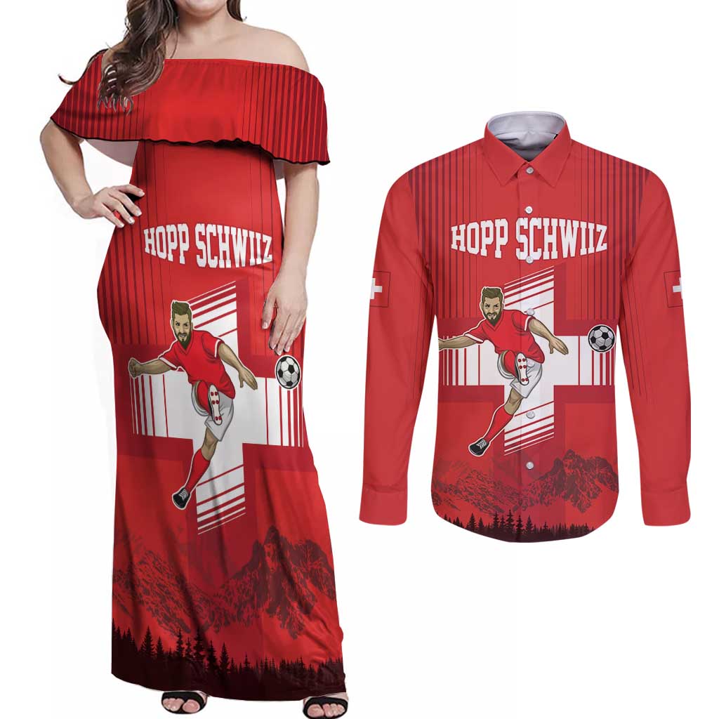 Custom Switzerland Football Couples Matching Off Shoulder Maxi Dress and Long Sleeve Button Shirt Hopp Schwiiz!