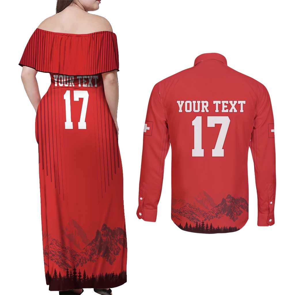 Custom Switzerland Football Couples Matching Off Shoulder Maxi Dress and Long Sleeve Button Shirt Hopp Schwiiz!