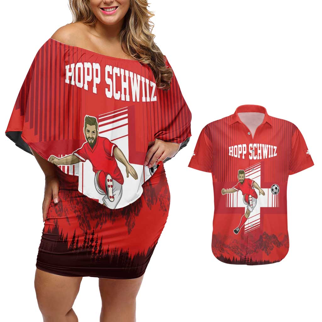 Custom Switzerland Football Couples Matching Off Shoulder Short Dress and Hawaiian Shirt Hopp Schwiiz!