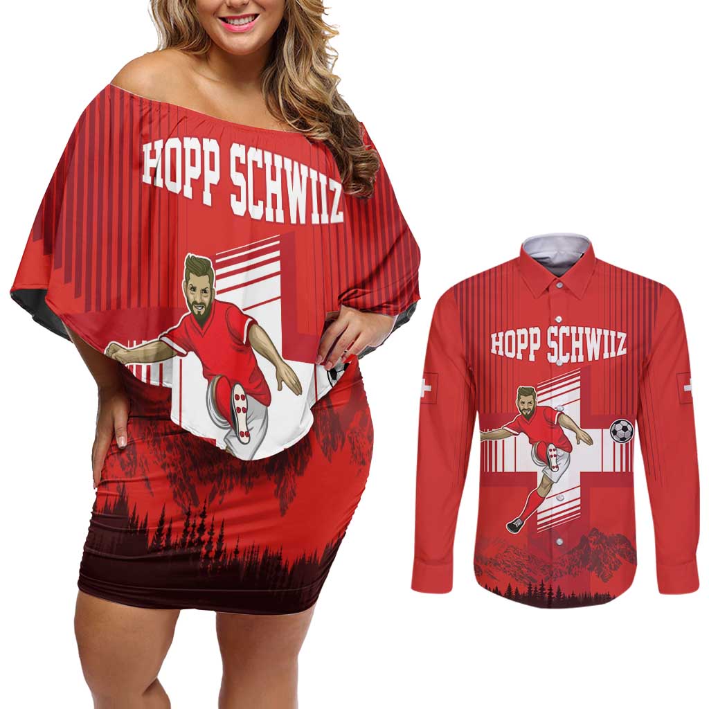 Custom Switzerland Football Couples Matching Off Shoulder Short Dress and Long Sleeve Button Shirt Hopp Schwiiz!