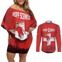 Custom Switzerland Football Couples Matching Off Shoulder Short Dress and Long Sleeve Button Shirt Hopp Schwiiz!