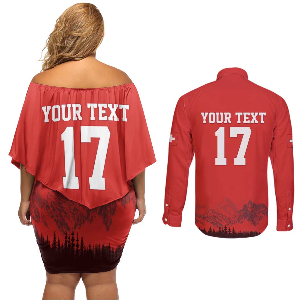 Custom Switzerland Football Couples Matching Off Shoulder Short Dress and Long Sleeve Button Shirt Hopp Schwiiz!