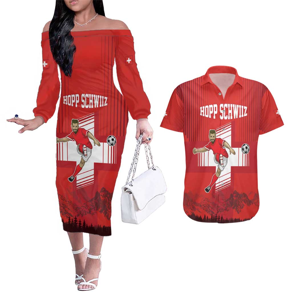 Custom Switzerland Football Couples Matching Off The Shoulder Long Sleeve Dress and Hawaiian Shirt Hopp Schwiiz!