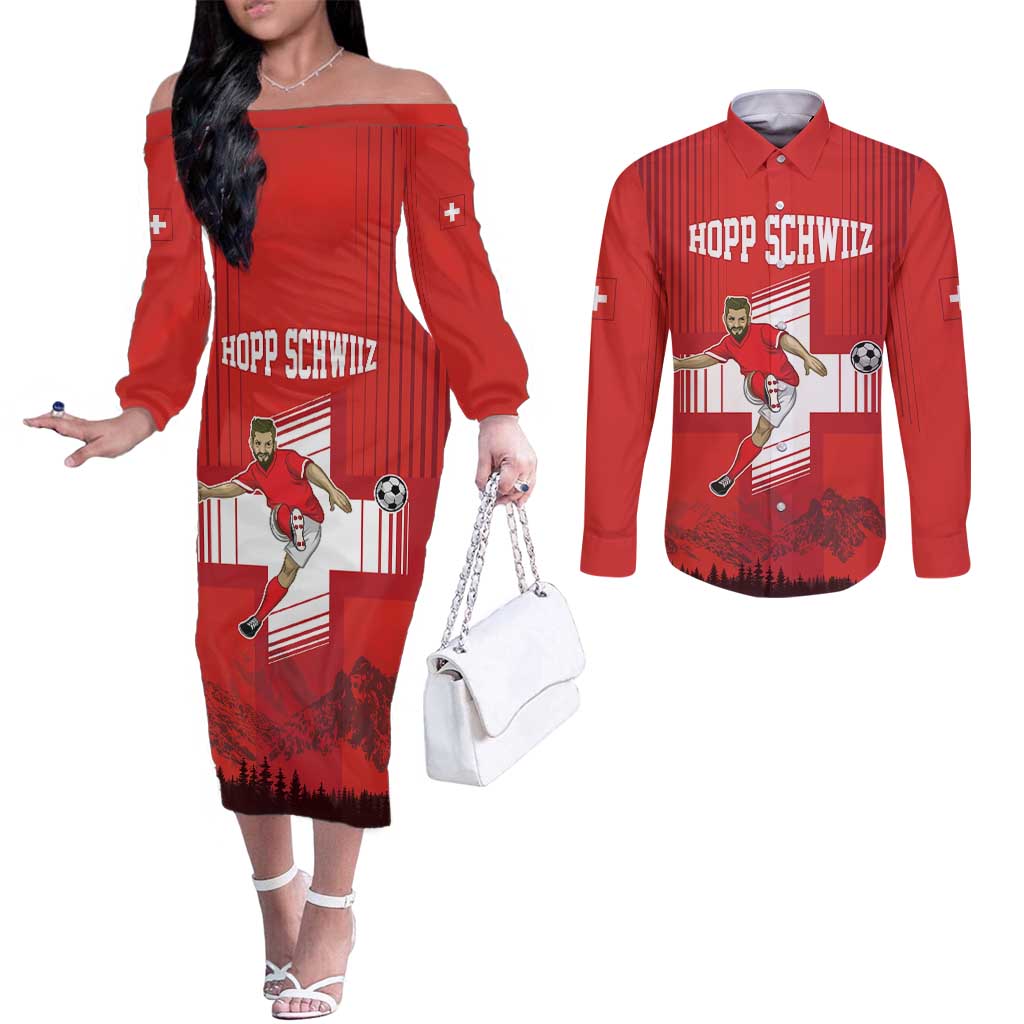 Custom Switzerland Football Couples Matching Off The Shoulder Long Sleeve Dress and Long Sleeve Button Shirt Hopp Schwiiz!