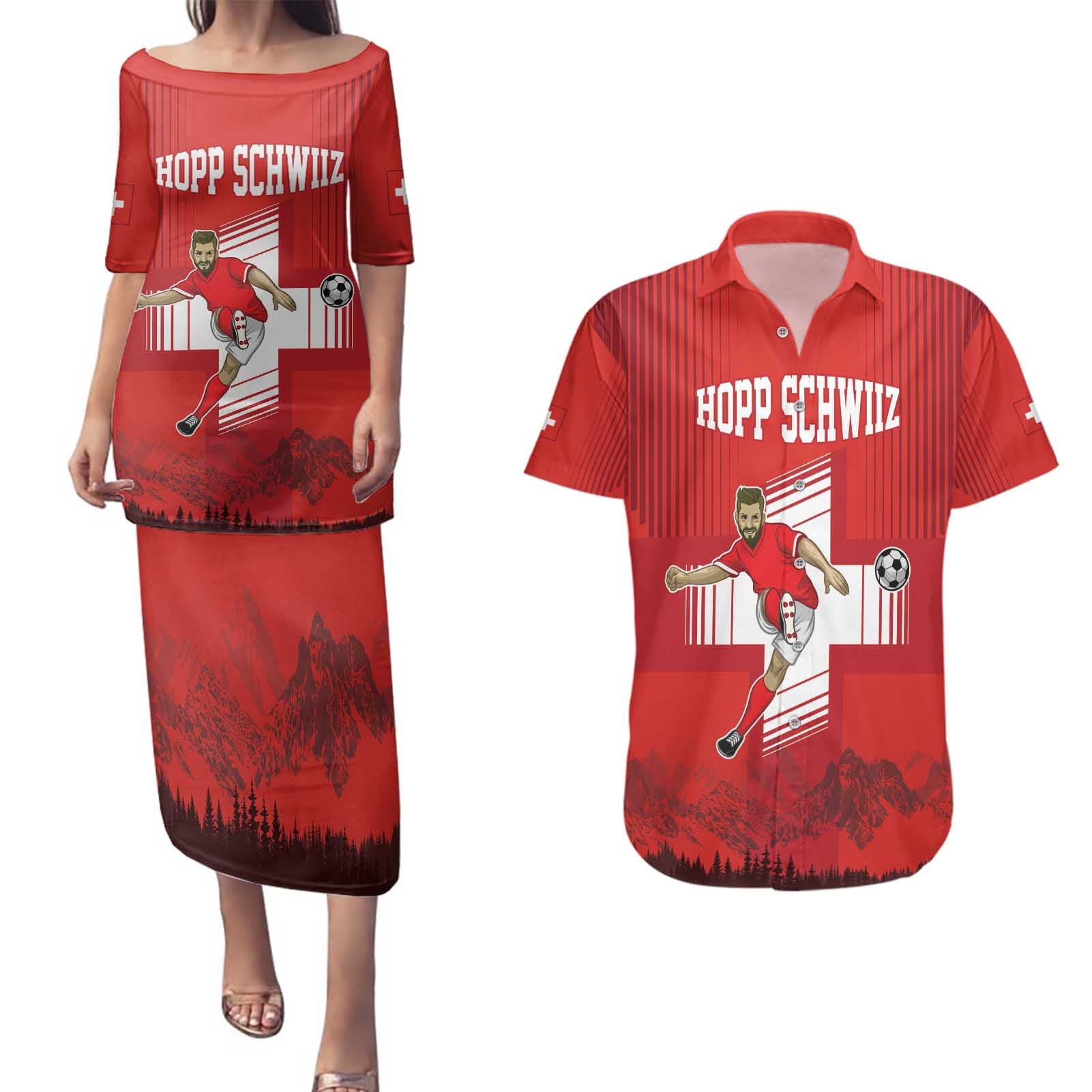 Custom Switzerland Football Couples Matching Puletasi and Hawaiian Shirt Hopp Schwiiz!