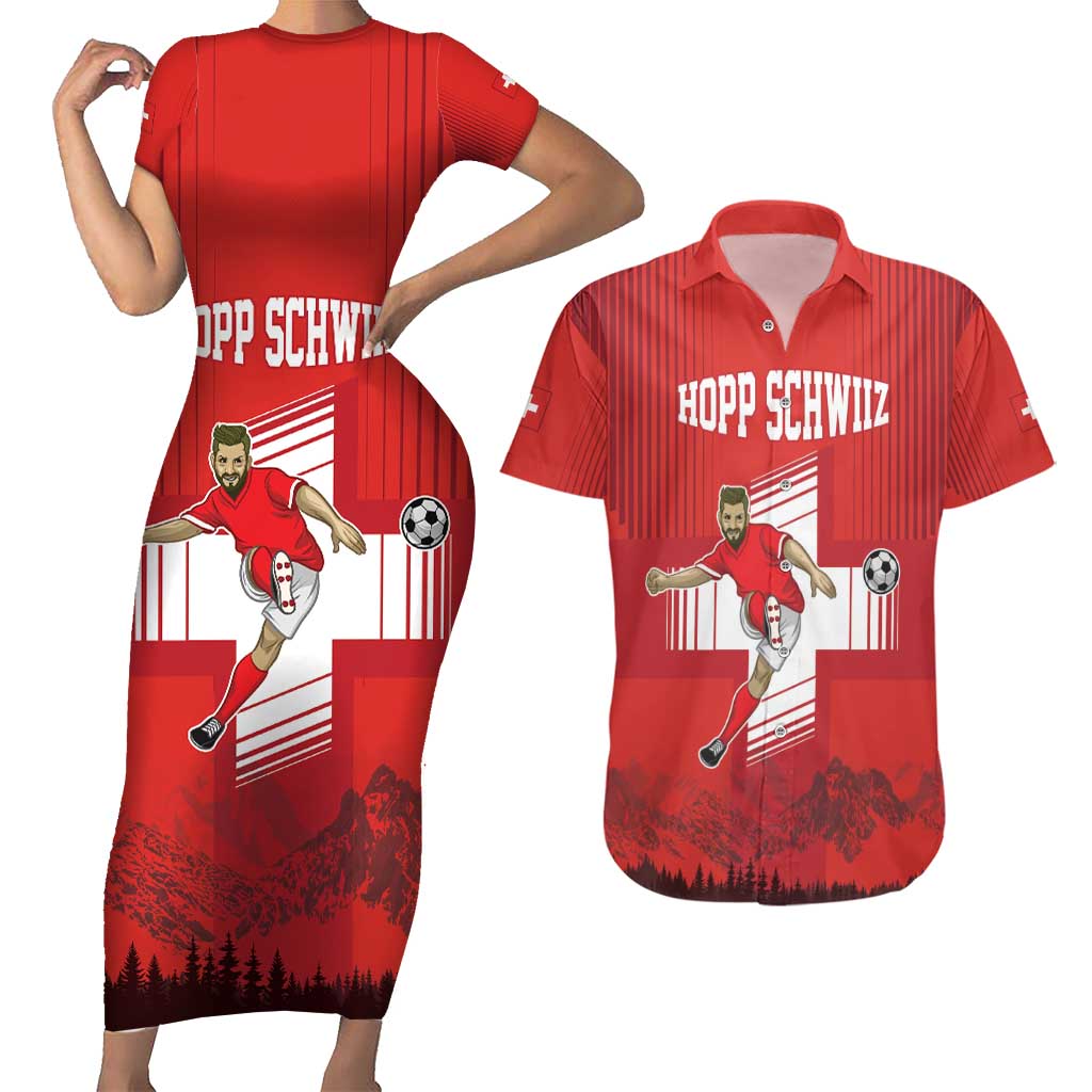Custom Switzerland Football Couples Matching Short Sleeve Bodycon Dress and Hawaiian Shirt Hopp Schwiiz!