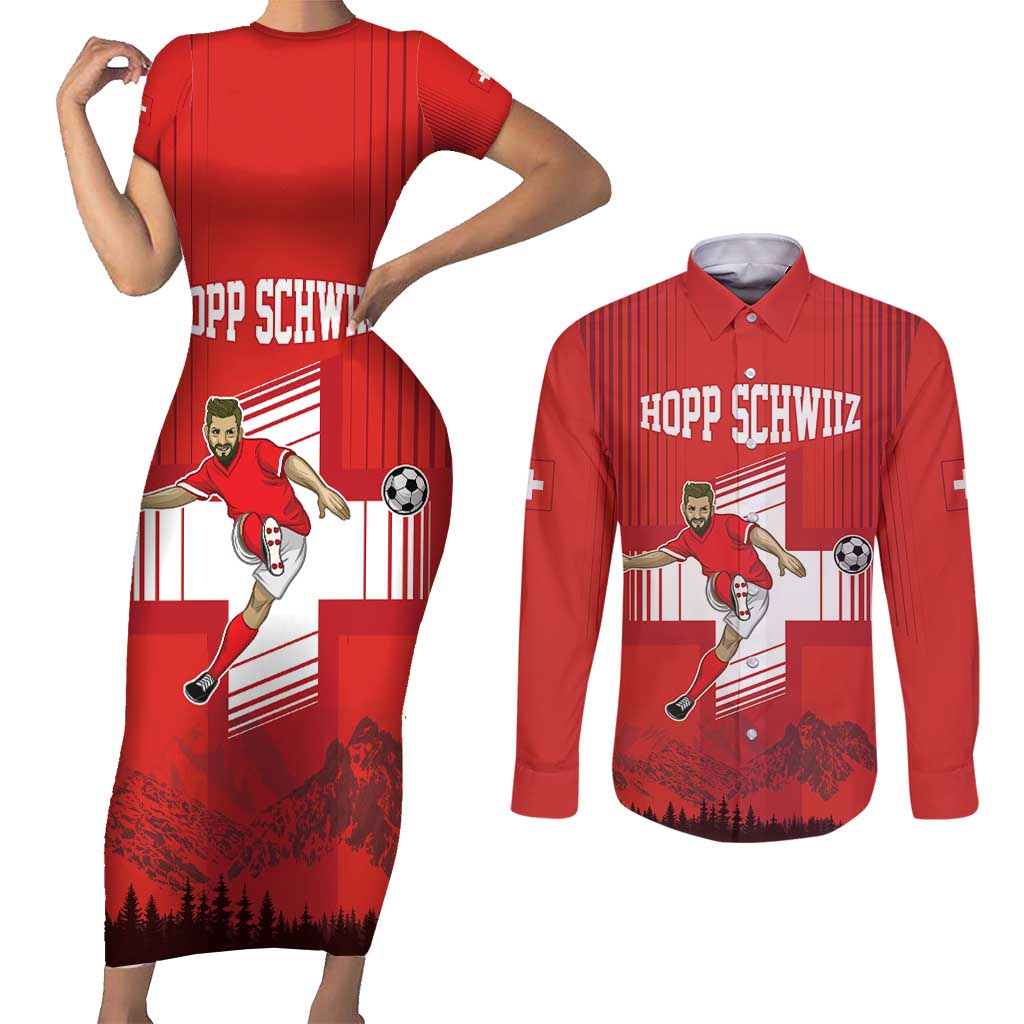 Custom Switzerland Football Couples Matching Short Sleeve Bodycon Dress and Long Sleeve Button Shirt Hopp Schwiiz!