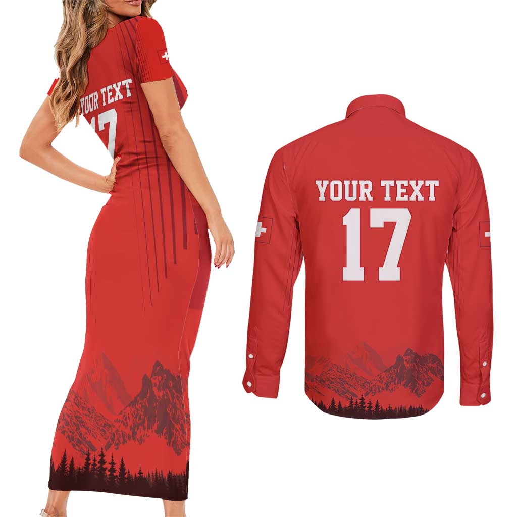 Custom Switzerland Football Couples Matching Short Sleeve Bodycon Dress and Long Sleeve Button Shirt Hopp Schwiiz!