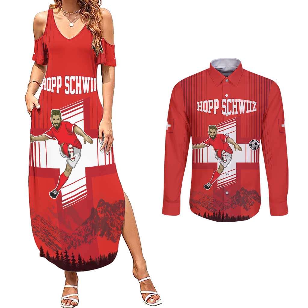 Custom Switzerland Football Couples Matching Summer Maxi Dress and Long Sleeve Button Shirt Hopp Schwiiz!