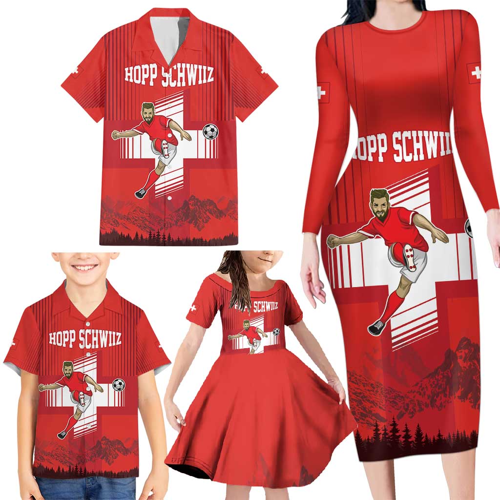 Custom Switzerland Football Family Matching Long Sleeve Bodycon Dress and Hawaiian Shirt Hopp Schwiiz!