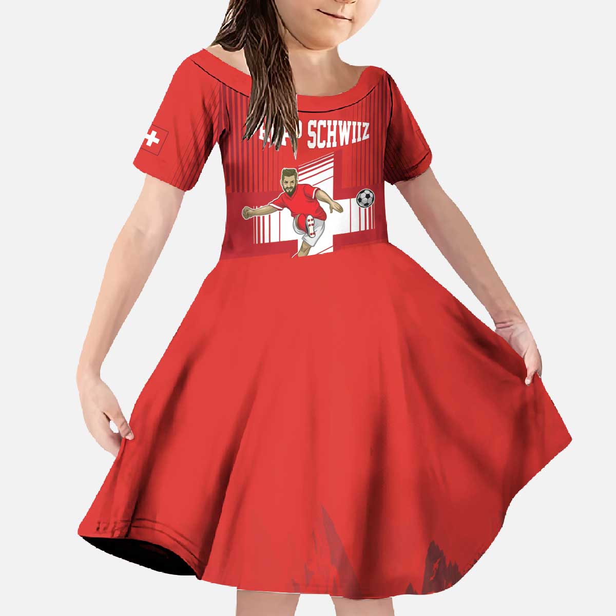 Custom Switzerland Football Family Matching Off The Shoulder Long Sleeve Dress and Hawaiian Shirt Hopp Schwiiz!