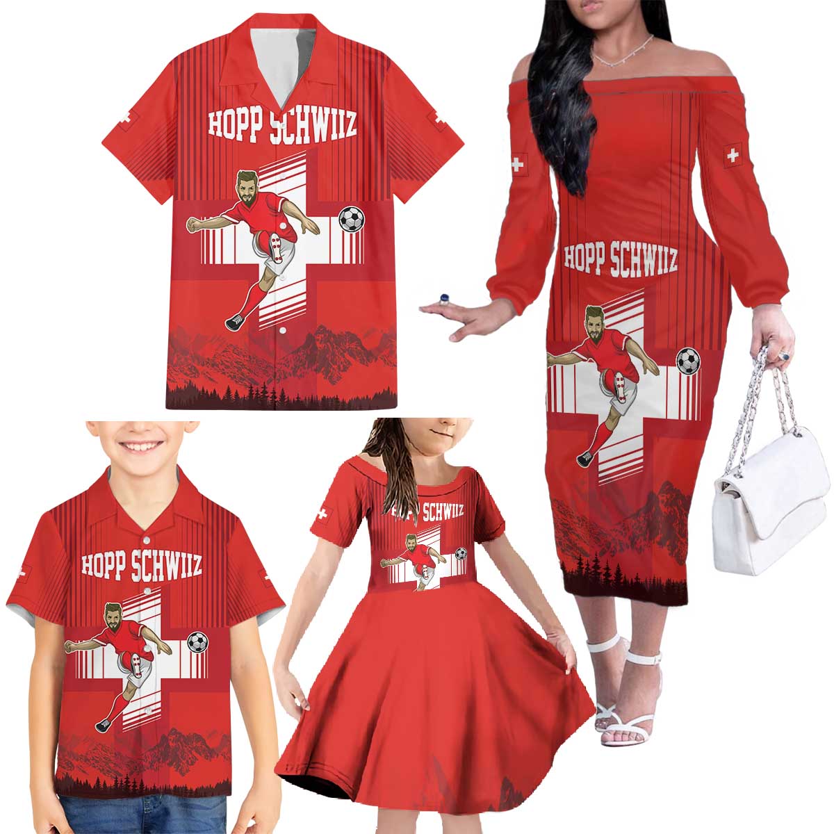 Custom Switzerland Football Family Matching Off The Shoulder Long Sleeve Dress and Hawaiian Shirt Hopp Schwiiz!