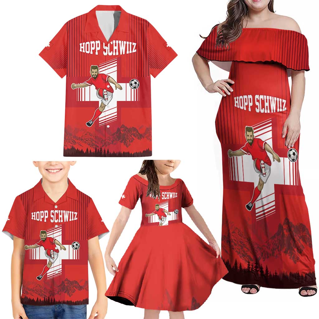 Custom Switzerland Football Family Matching Off Shoulder Maxi Dress and Hawaiian Shirt Hopp Schwiiz!