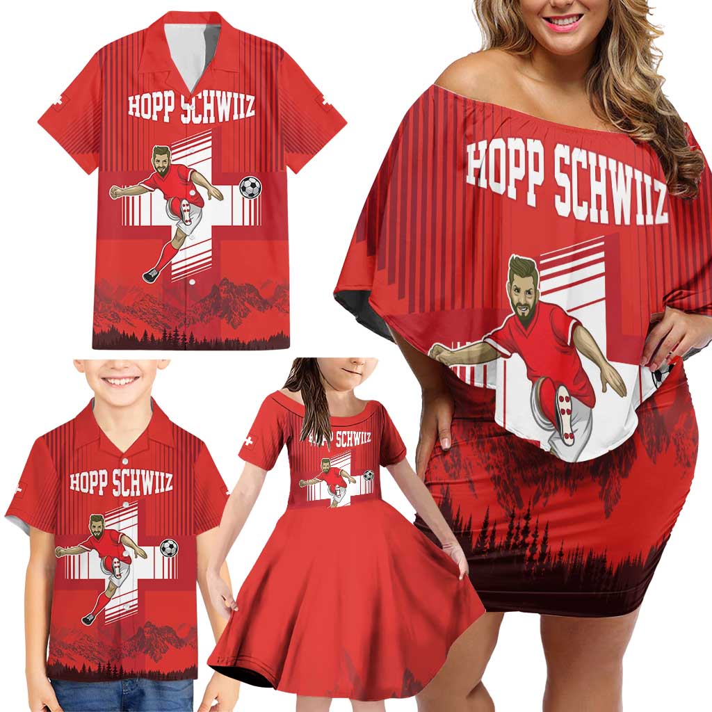 Custom Switzerland Football Family Matching Off Shoulder Short Dress and Hawaiian Shirt Hopp Schwiiz!