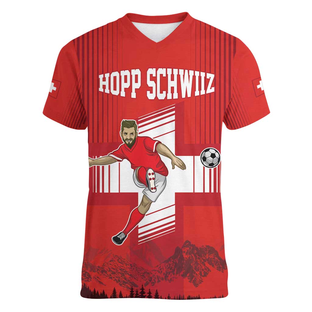 Custom Switzerland Football Women V-Neck T-Shirt Hopp Schwiiz!