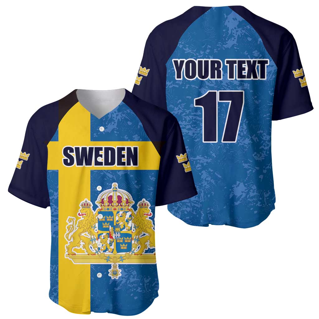 Custom Sweden Flag and Coat of arms Baseball Jersey Three Crowns of Sweden