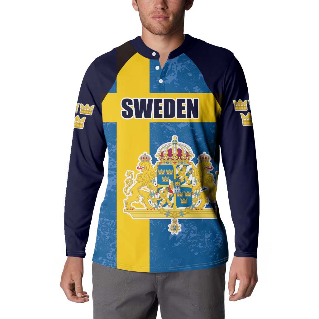 Custom Sweden Flag and Coat of arms Button Sweatshirt Three Crowns of Sweden