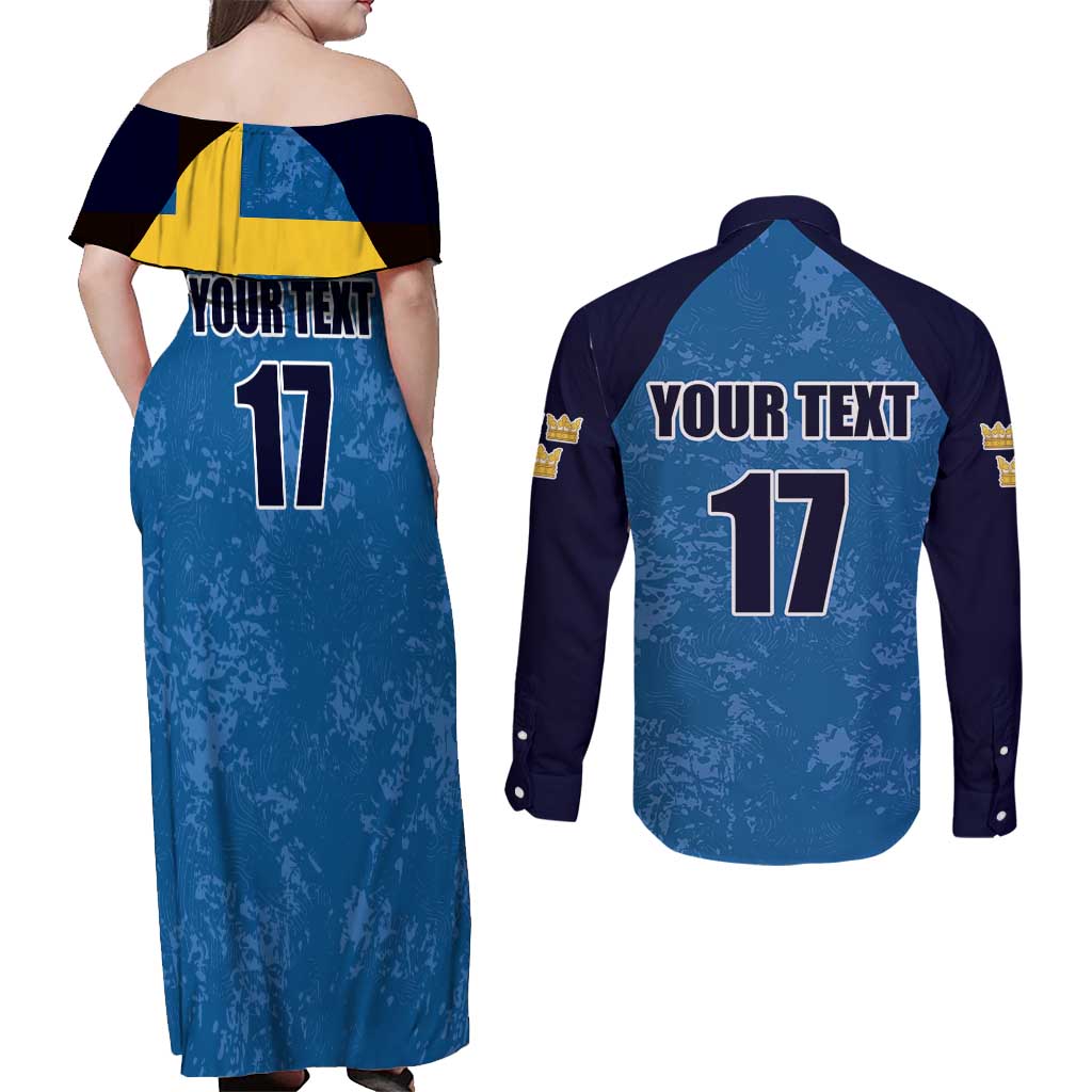 Custom Sweden Flag and Coat of arms Couples Matching Off Shoulder Maxi Dress and Long Sleeve Button Shirt Three Crowns of Sweden