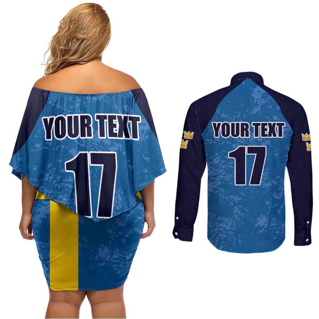 Custom Sweden Flag and Coat of arms Couples Matching Off Shoulder Short Dress and Long Sleeve Button Shirt Three Crowns of Sweden