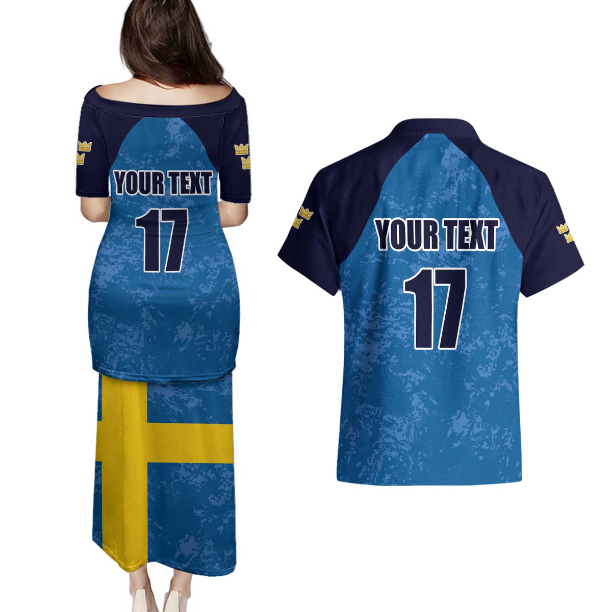 Custom Sweden Flag and Coat of arms Couples Matching Puletasi and Hawaiian Shirt Three Crowns of Sweden