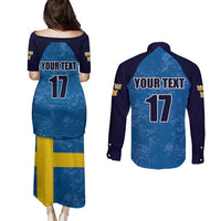 Custom Sweden Flag and Coat of arms Couples Matching Puletasi and Long Sleeve Button Shirt Three Crowns of Sweden
