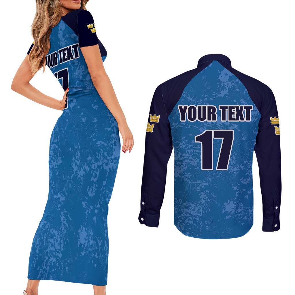 Custom Sweden Flag and Coat of arms Couples Matching Short Sleeve Bodycon Dress and Long Sleeve Button Shirt Three Crowns of Sweden