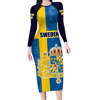 Custom Sweden Flag and Coat of arms Family Matching Long Sleeve Bodycon Dress and Hawaiian Shirt Three Crowns of Sweden