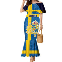 Custom Sweden Flag and Coat of arms Family Matching Mermaid Dress and Hawaiian Shirt Three Crowns of Sweden