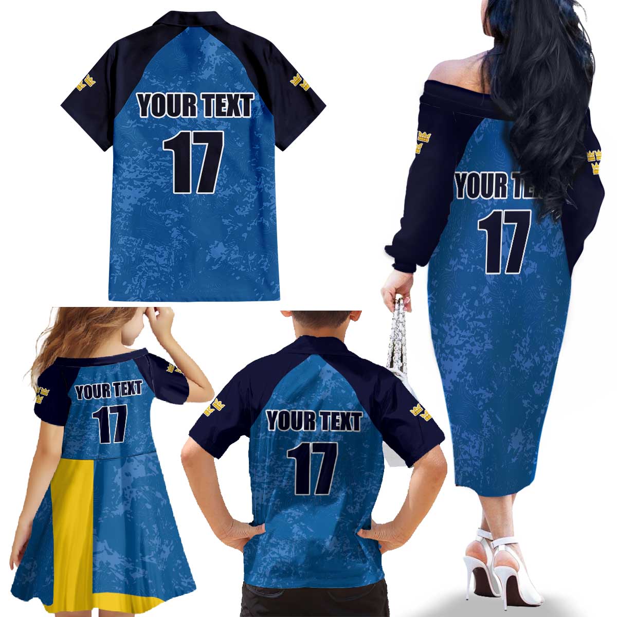 Custom Sweden Flag and Coat of arms Family Matching Off The Shoulder Long Sleeve Dress and Hawaiian Shirt Three Crowns of Sweden