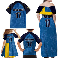 Custom Sweden Flag and Coat of arms Family Matching Off Shoulder Maxi Dress and Hawaiian Shirt Three Crowns of Sweden