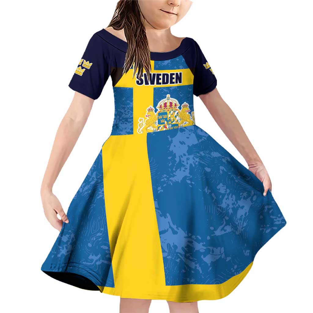 Custom Sweden Flag and Coat of arms Family Matching Off Shoulder Short Dress and Hawaiian Shirt Three Crowns of Sweden