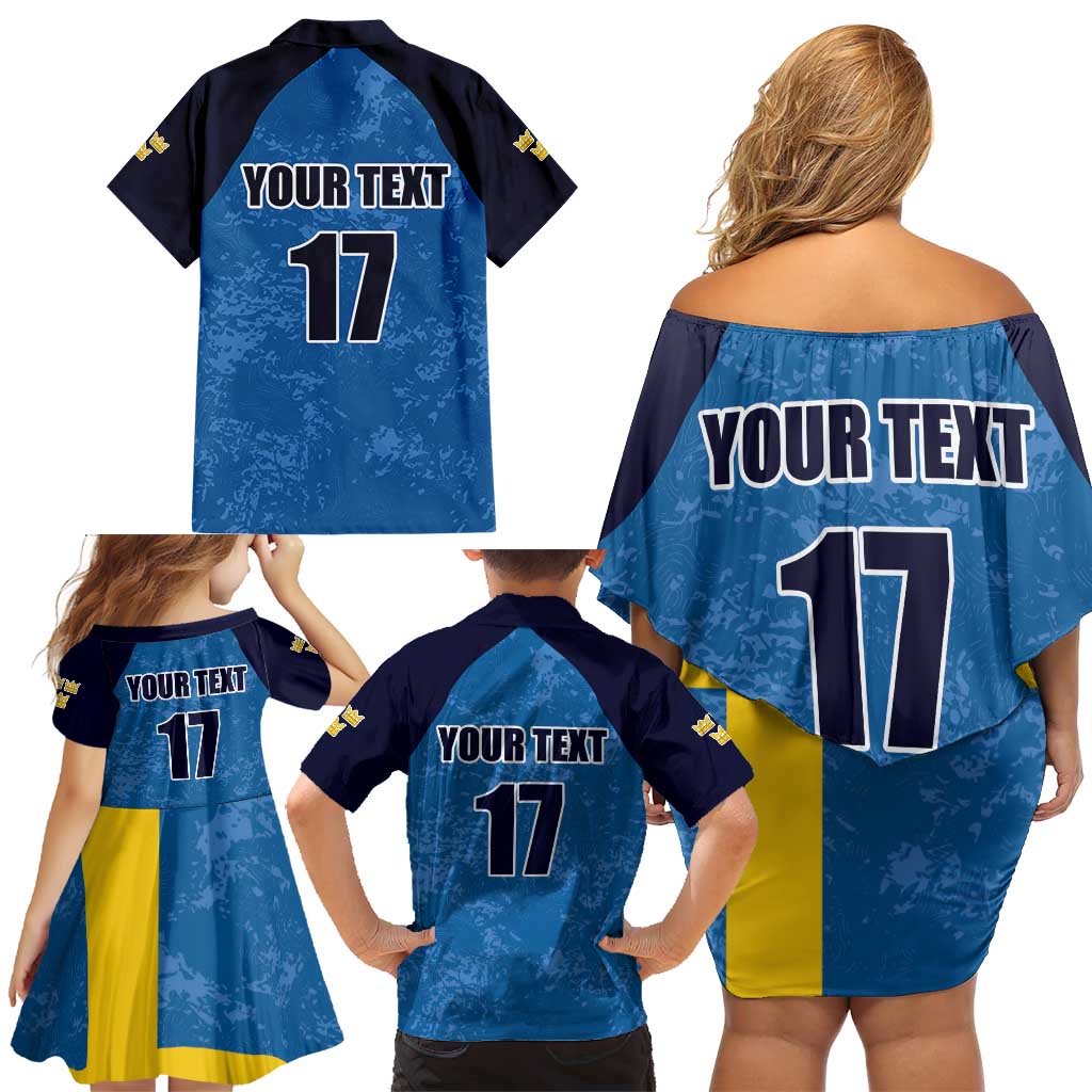 Custom Sweden Flag and Coat of arms Family Matching Off Shoulder Short Dress and Hawaiian Shirt Three Crowns of Sweden
