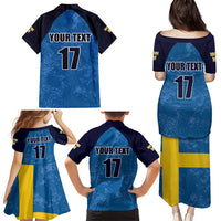 Custom Sweden Flag and Coat of arms Family Matching Puletasi and Hawaiian Shirt Three Crowns of Sweden