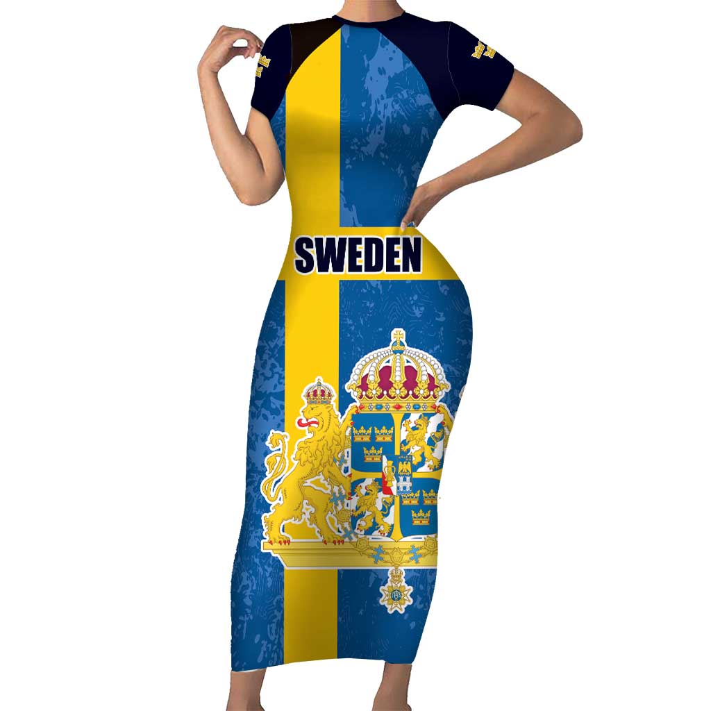 Custom Sweden Flag and Coat of arms Family Matching Short Sleeve Bodycon Dress and Hawaiian Shirt Three Crowns of Sweden