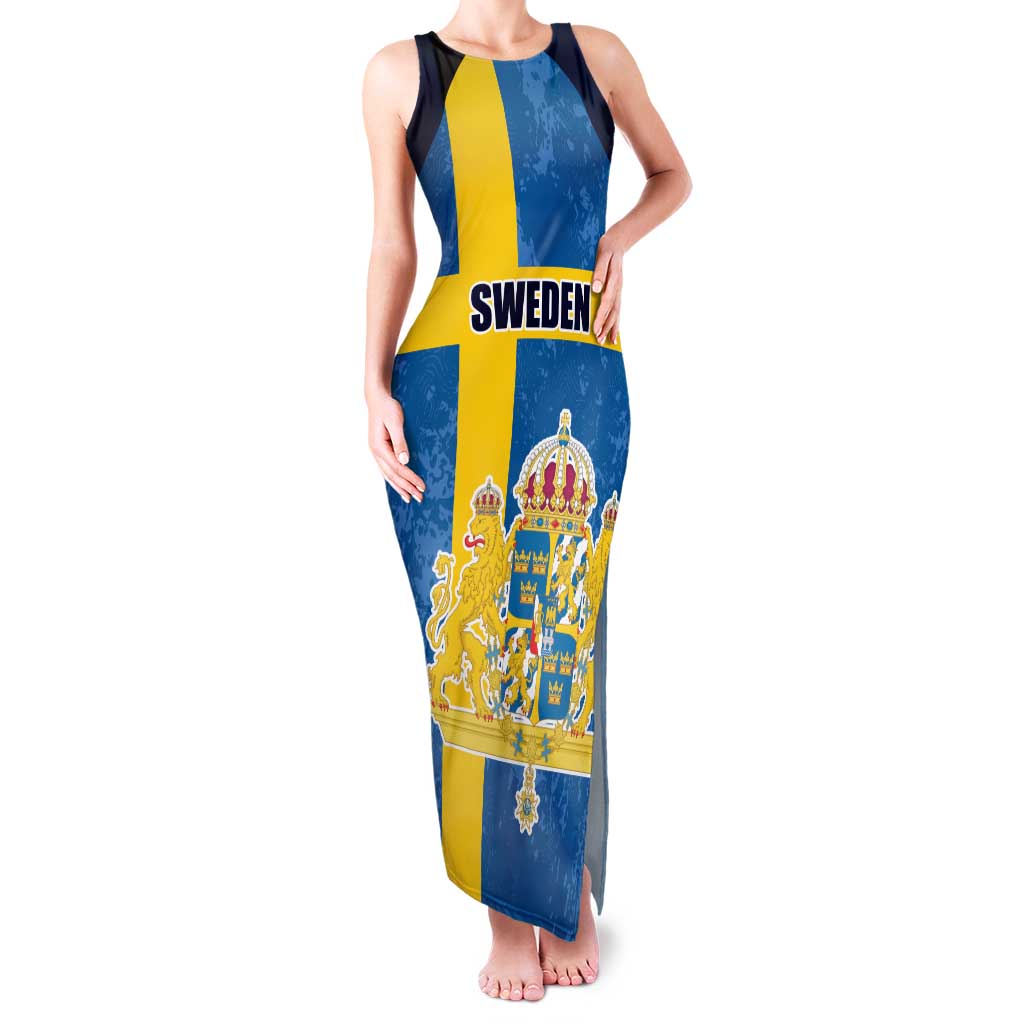 Custom Sweden Flag and Coat of arms Family Matching Tank Maxi Dress and Hawaiian Shirt Three Crowns of Sweden