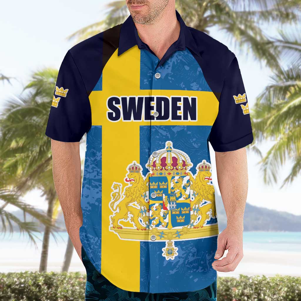Custom Sweden Flag and Coat of arms Hawaiian Shirt Three Crowns of Sweden