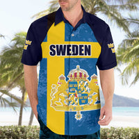 Custom Sweden Flag and Coat of arms Hawaiian Shirt Three Crowns of Sweden